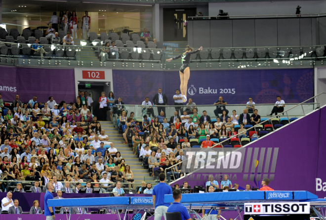 Bakı-2015 Avropa Oyunları çərçivəsində batut gimnastikası üzrə kişilər və qadınlar arasında təsnifat yarışları. Azərbaycan, 17 iyun 2015 